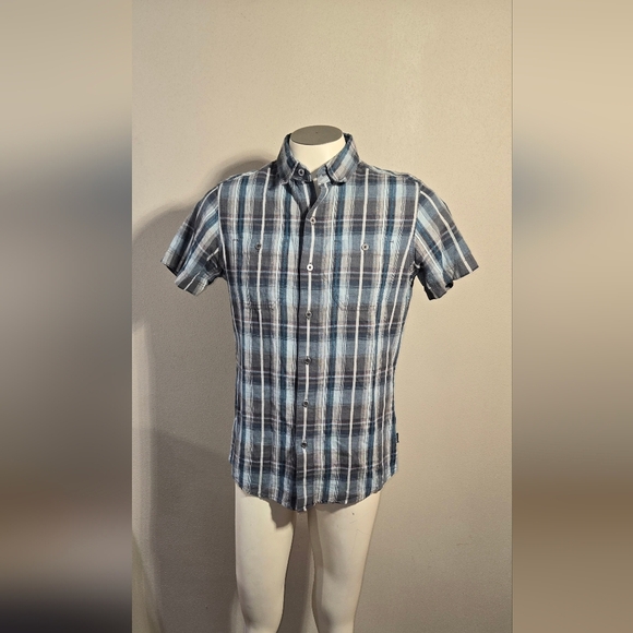 Kuhl Button Up Shirt Blue Plaid Linen Tapered Fit Pockets Outdoor Hiking - Picture 1 of 7